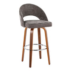 Renee Upholstered 30" Fixed-Height Barstool - Set of 2 - Walnut Wood, Dark Grey Fabric, Chrome Metal