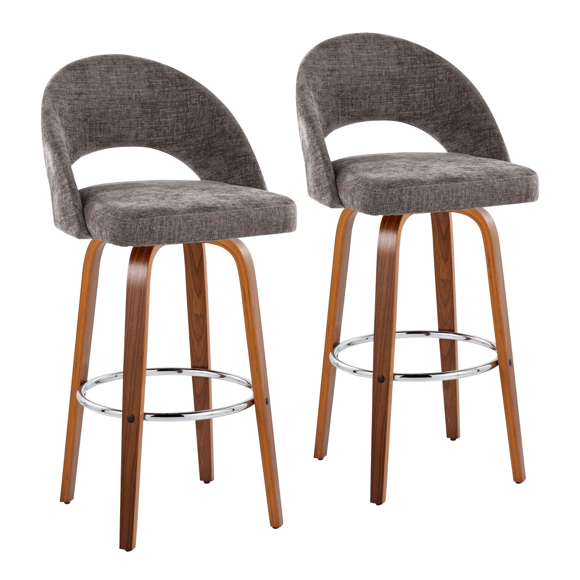 Renee Upholstered 30" Fixed-Height Barstool - Set of 2 - Walnut Wood, Dark Grey Fabric, Chrome Metal