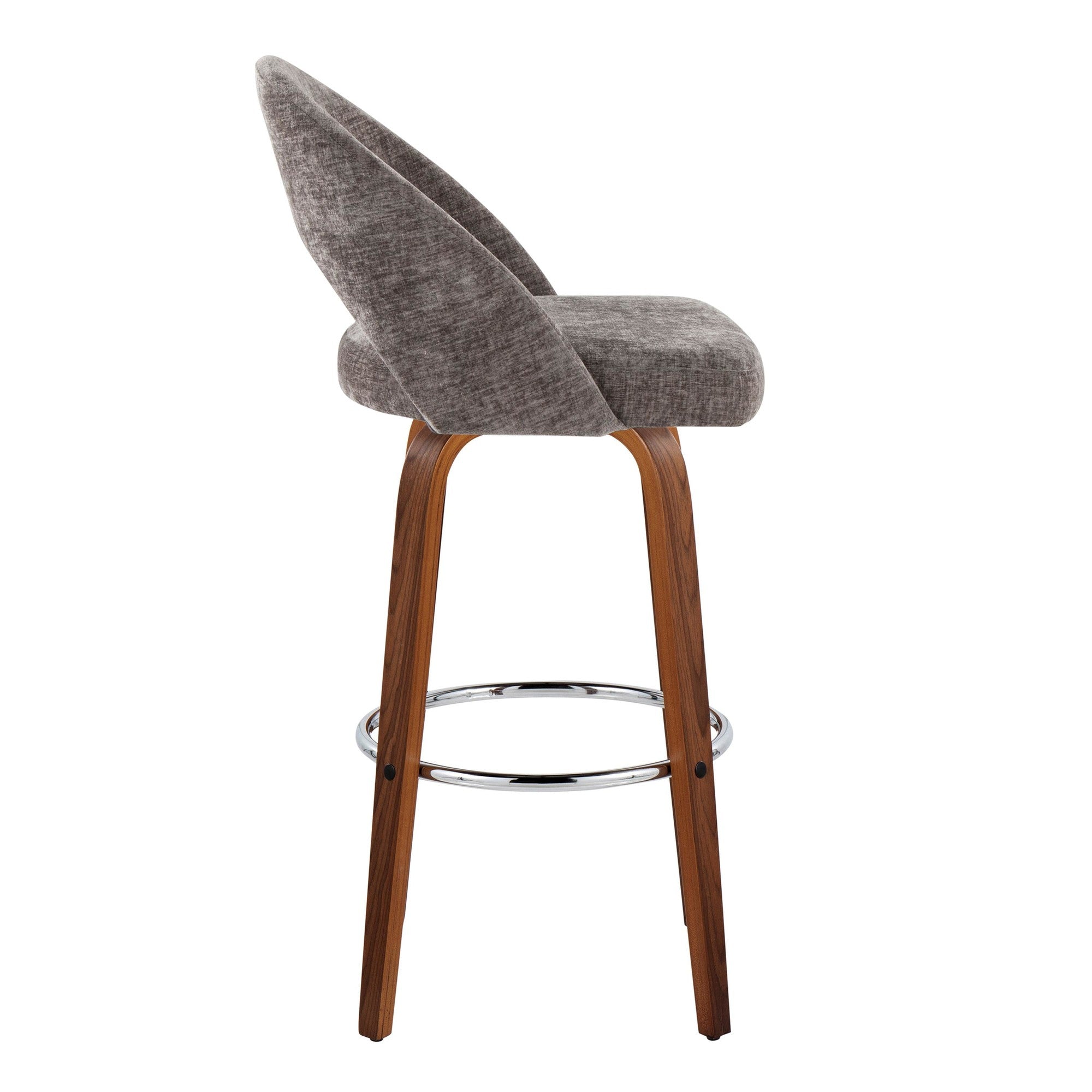 Renee Upholstered 30" Fixed-Height Barstool - Set of 2 - Walnut Wood, Dark Grey Fabric, Chrome Metal