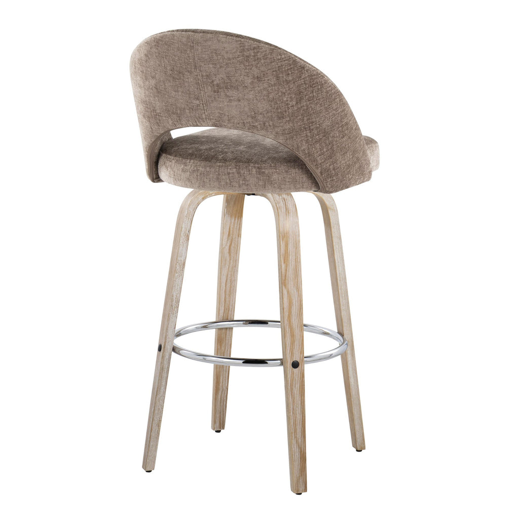 Renee Upholstered 30" Fixed-Height Barstool - Set of 2 - Whitewashed Wood, Brown Fabric, Chrome Metal