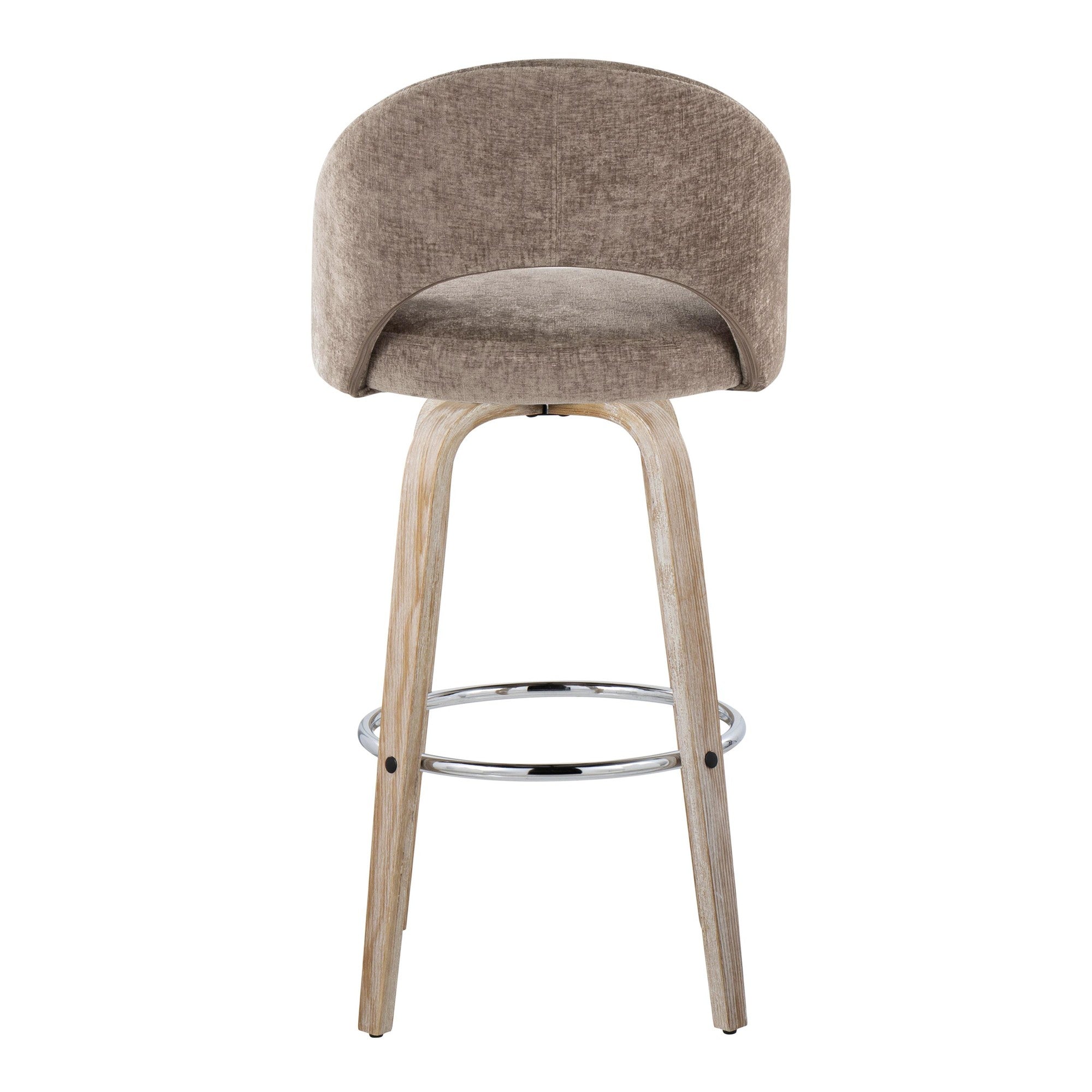 Renee Upholstered 30" Fixed-Height Barstool - Set of 2 - Whitewashed Wood, Brown Fabric, Chrome Metal