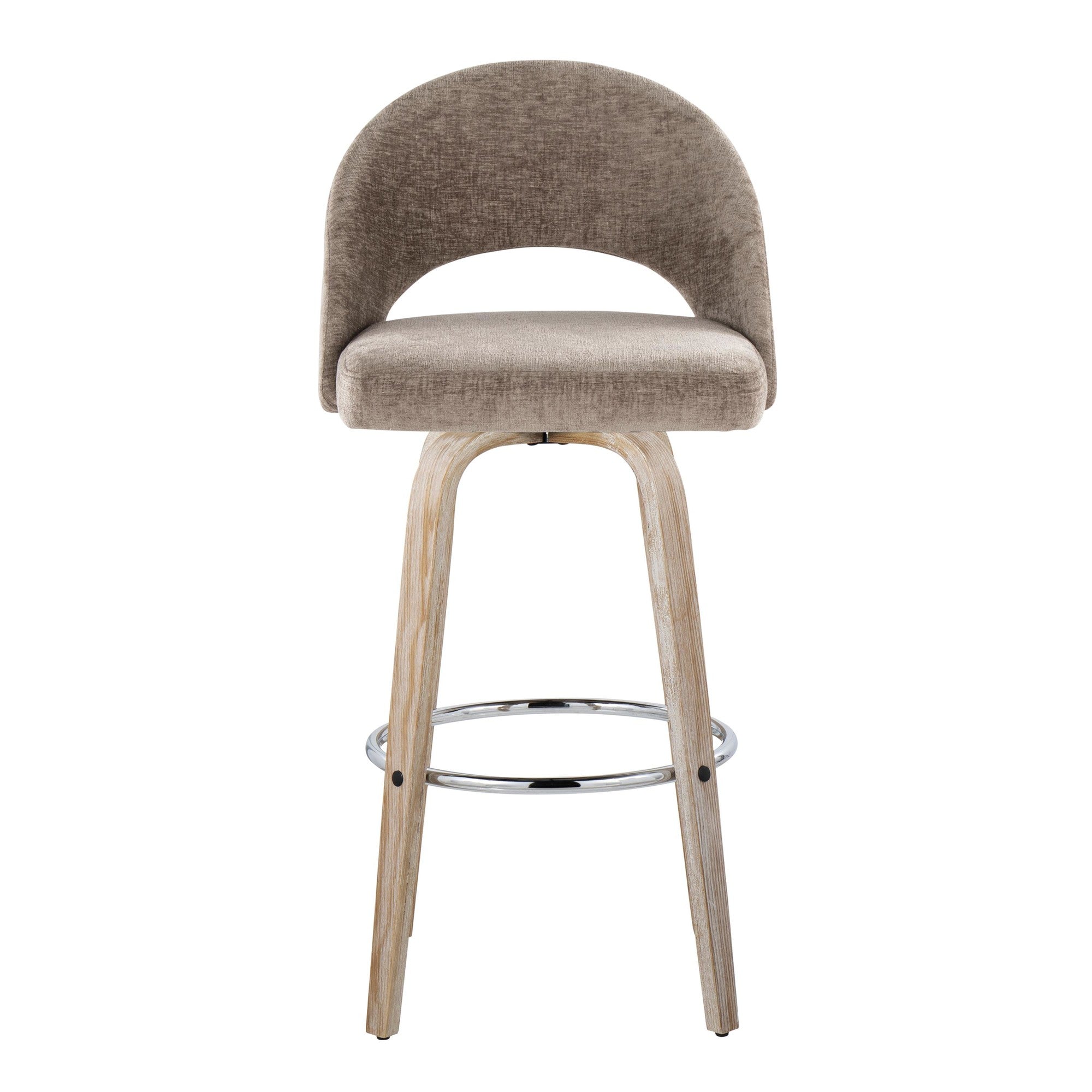 Renee Upholstered 30" Fixed-Height Barstool - Set of 2 - Whitewashed Wood, Brown Fabric, Chrome Metal