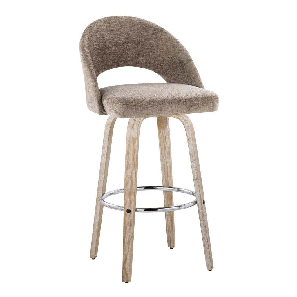 Renee Upholstered 30" Fixed-Height Barstool - Set of 2 - Whitewashed Wood, Brown Fabric, Chrome Metal