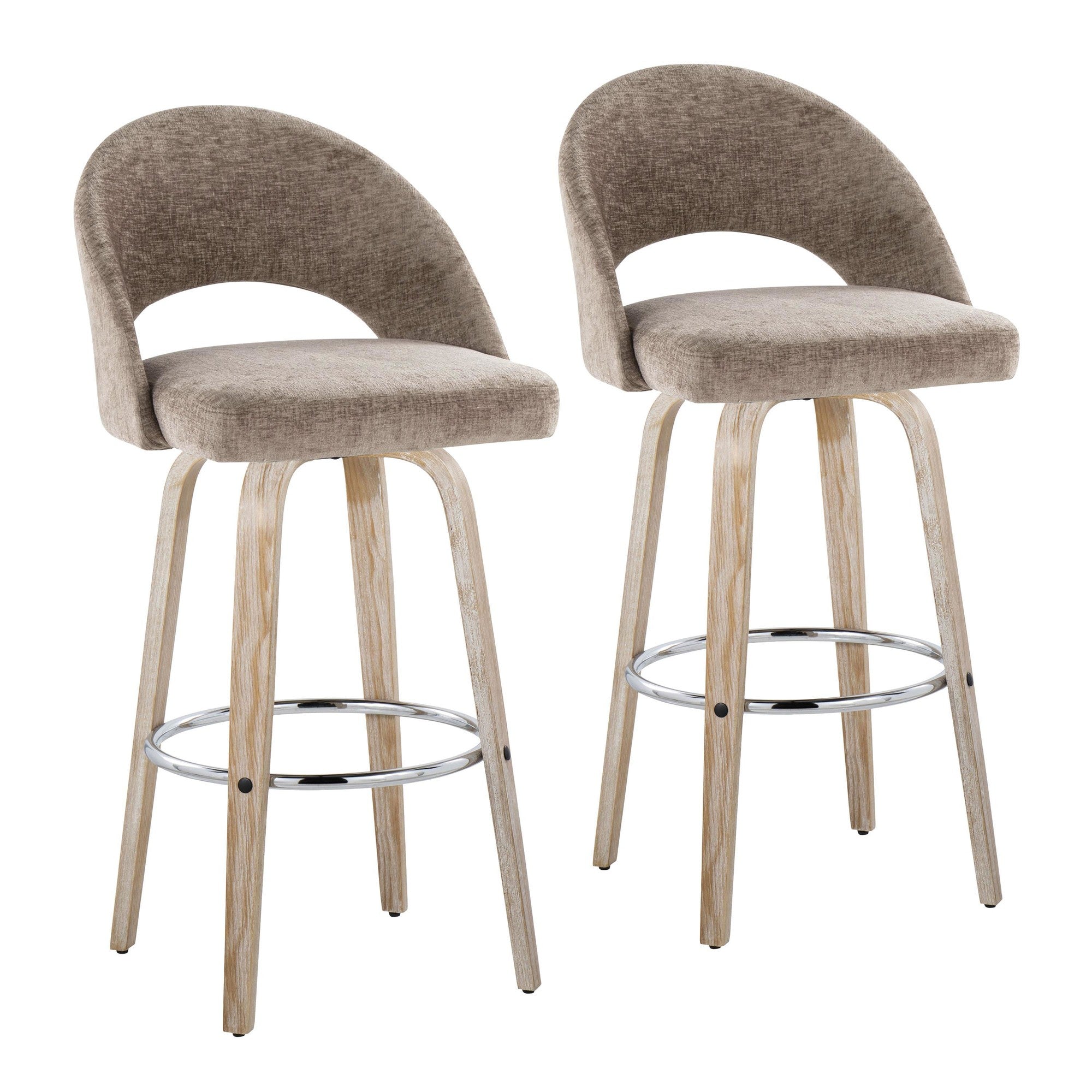 Renee Upholstered 30" Fixed-Height Barstool - Set of 2 - Whitewashed Wood, Brown Fabric, Chrome Metal