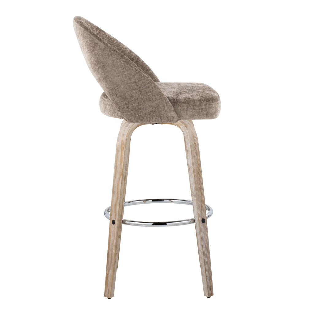 Renee Upholstered 30" Fixed-Height Barstool - Set of 2 - Whitewashed Wood, Brown Fabric, Chrome Metal