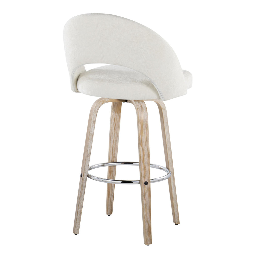 Renee Upholstered 30" Fixed-Height Barstool - Set of 2 - Whitewashed Wood, Cream Fabric, Chrome Metal