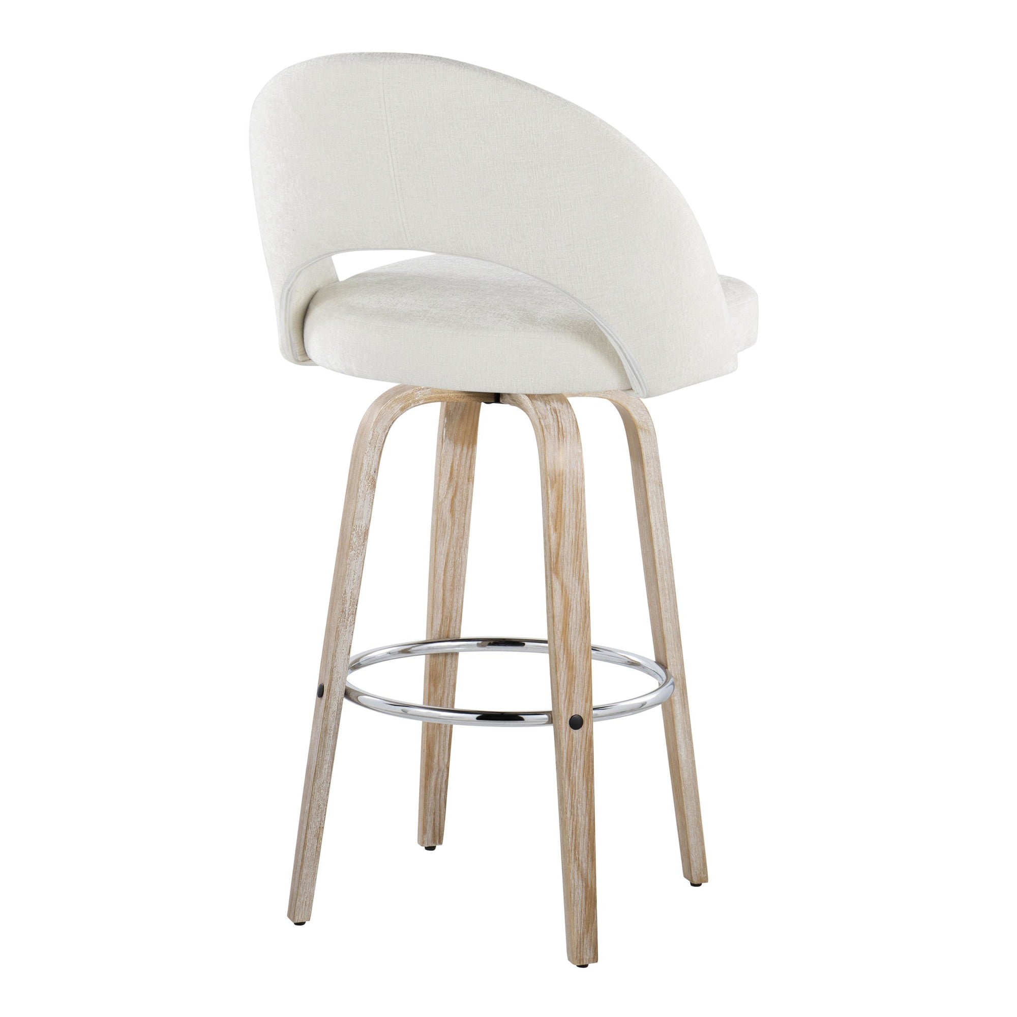 Renee Upholstered 30" Fixed-Height Barstool - Set of 2 - Whitewashed Wood, Cream Fabric, Chrome Metal