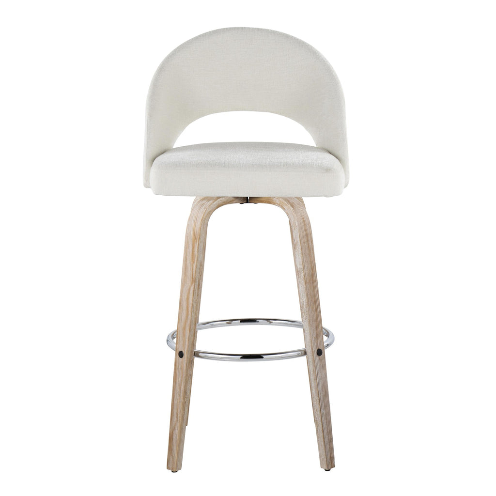 Renee Upholstered 30" Fixed-Height Barstool - Set of 2 - Whitewashed Wood, Cream Fabric, Chrome Metal