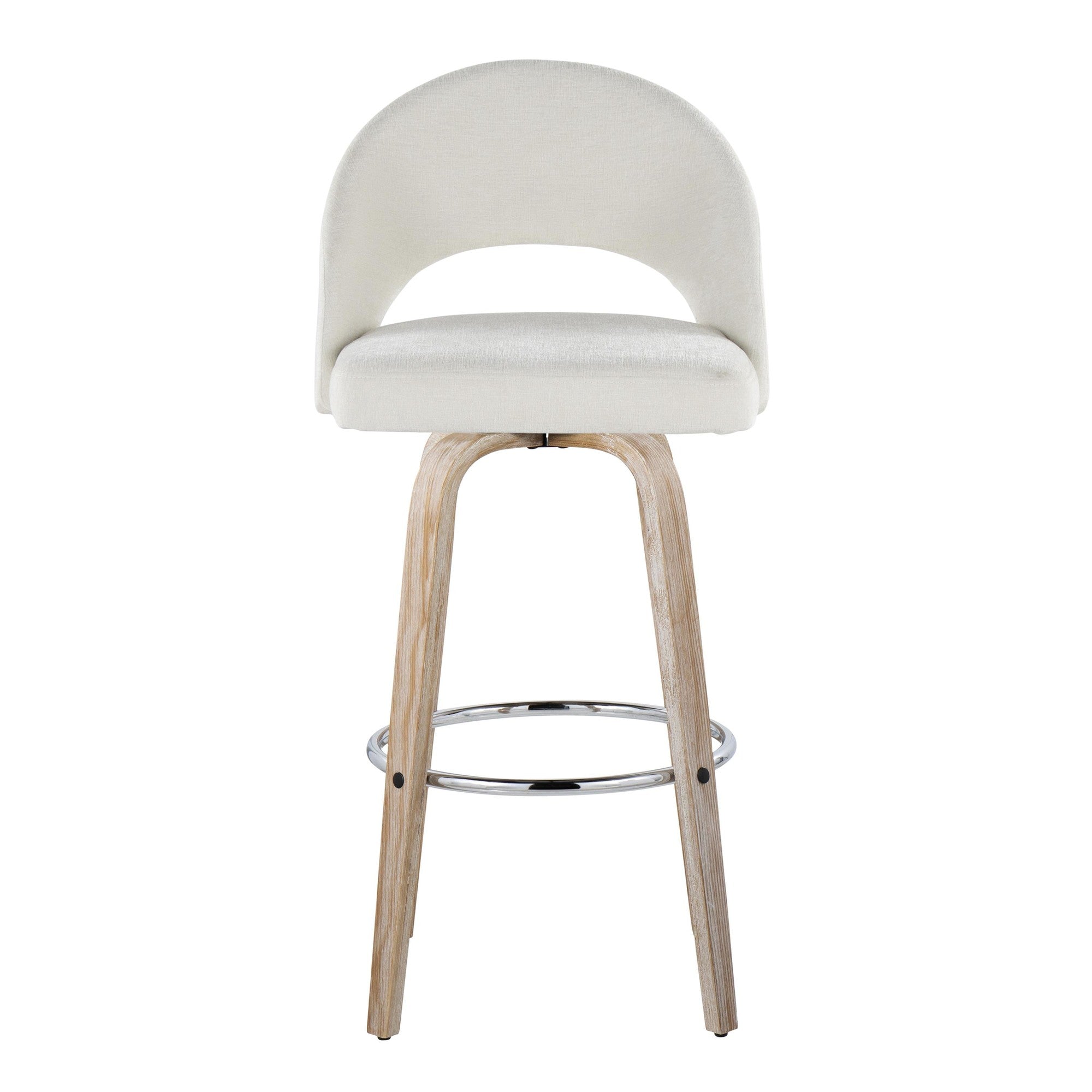 Renee Upholstered 30" Fixed-Height Barstool - Set of 2 - Whitewashed Wood, Cream Fabric, Chrome Metal