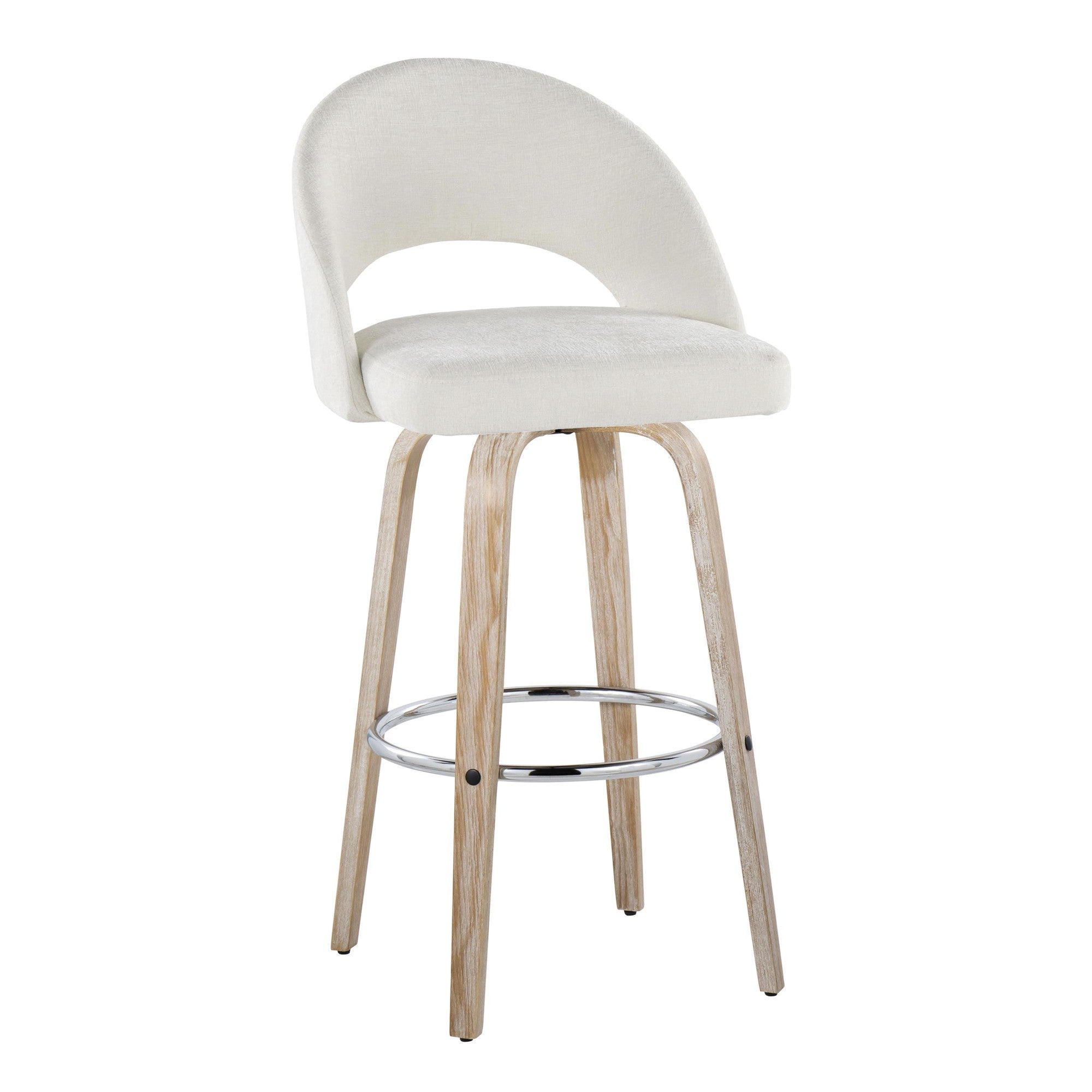 Renee Upholstered 30" Fixed-Height Barstool - Set of 2 - Whitewashed Wood, Cream Fabric, Chrome Metal