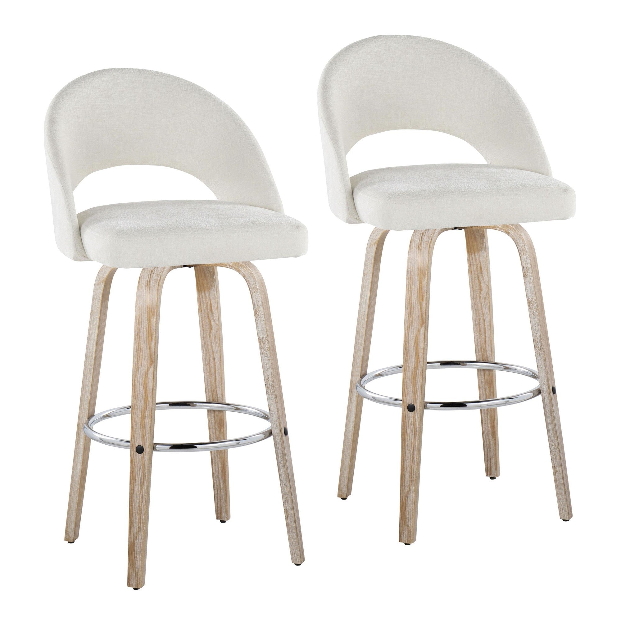 Renee Upholstered 30" Fixed-Height Barstool - Set of 2 - Whitewashed Wood, Cream Fabric, Chrome Metal