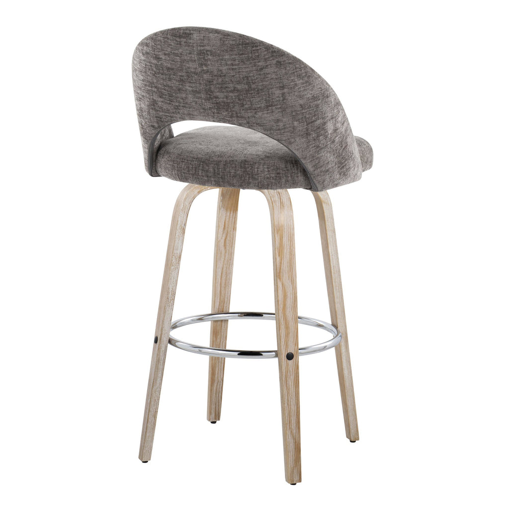 Renee Upholstered 30" Fixed-Height Barstool - Set of 2 - Whitewashed Wood, Dark Grey Fabric, Chrome Metal