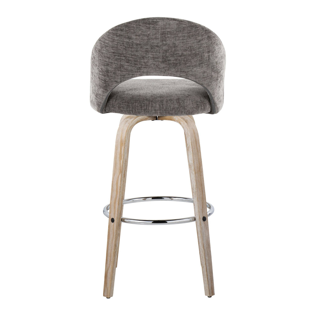 Renee Upholstered 30" Fixed-Height Barstool - Set of 2 - Whitewashed Wood, Dark Grey Fabric, Chrome Metal