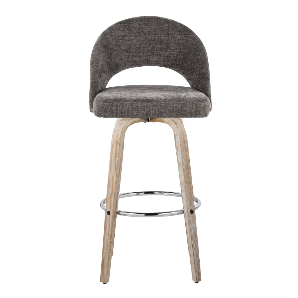 Renee Upholstered 30" Fixed-Height Barstool - Set of 2 - Whitewashed Wood, Dark Grey Fabric, Chrome Metal