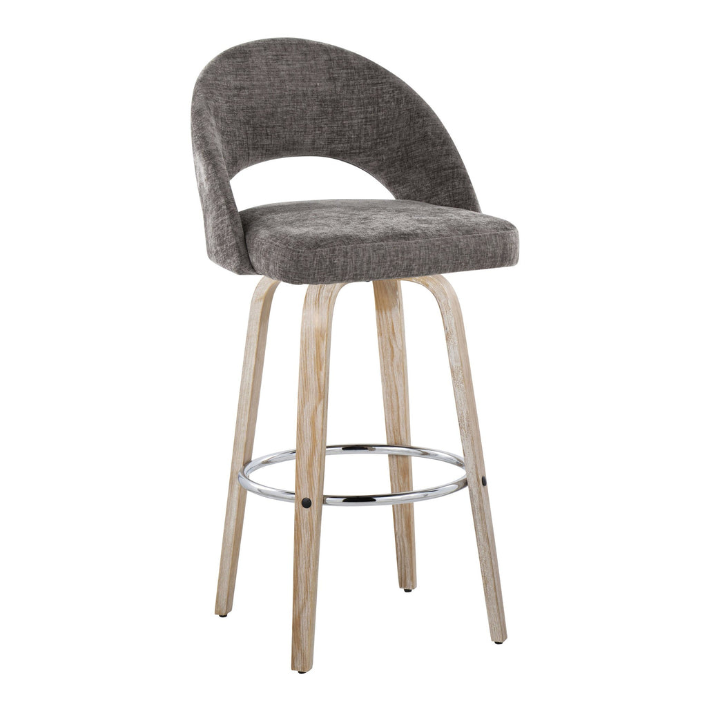 Renee Upholstered 30" Fixed-Height Barstool - Set of 2 - Whitewashed Wood, Dark Grey Fabric, Chrome Metal