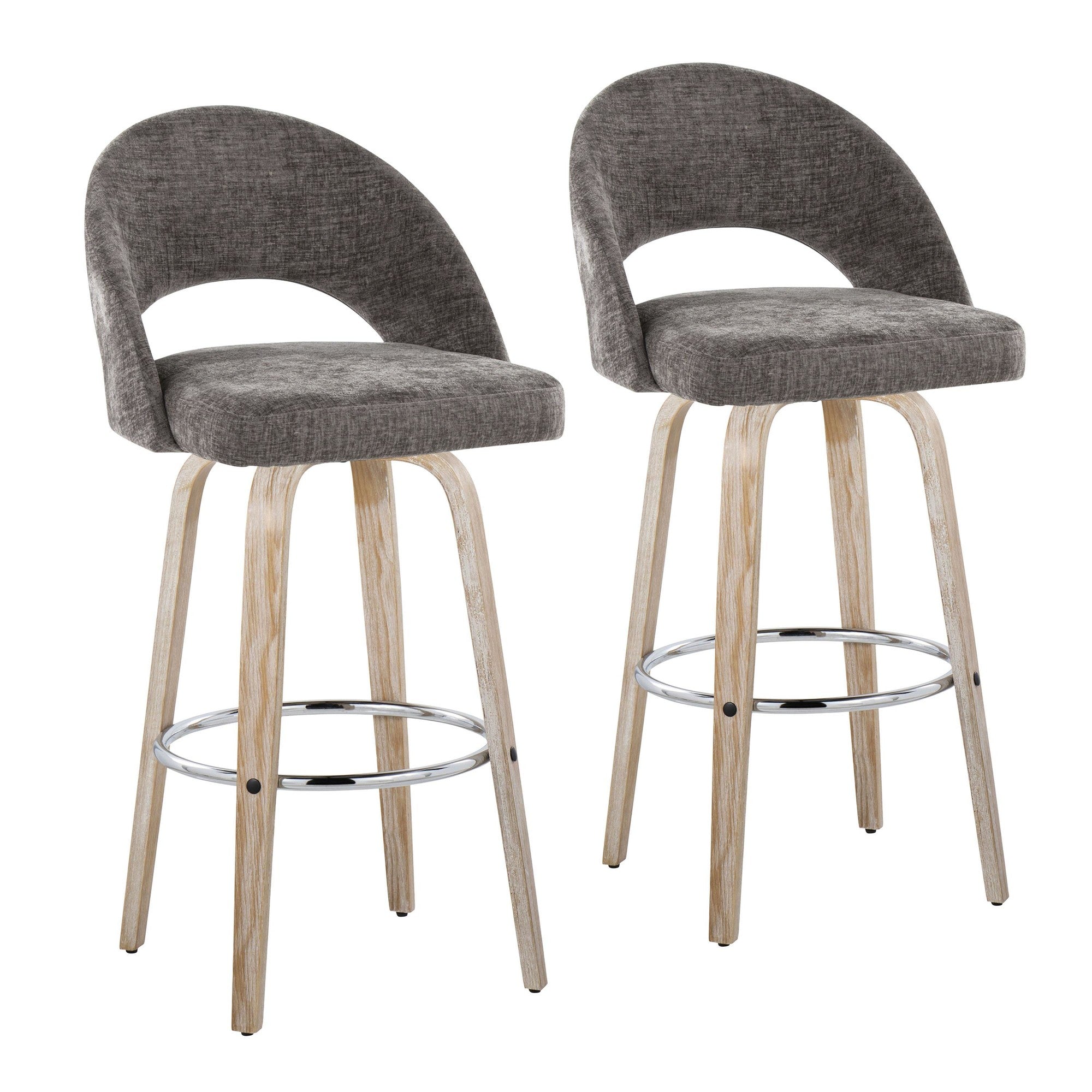 Renee Upholstered 30" Fixed-Height Barstool - Set of 2 - Whitewashed Wood, Dark Grey Fabric, Chrome Metal