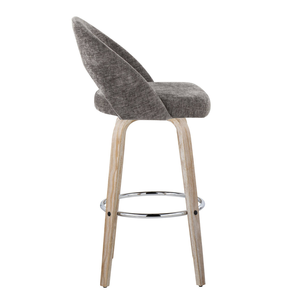 Renee Upholstered 30" Fixed-Height Barstool - Set of 2 - Whitewashed Wood, Dark Grey Fabric, Chrome Metal