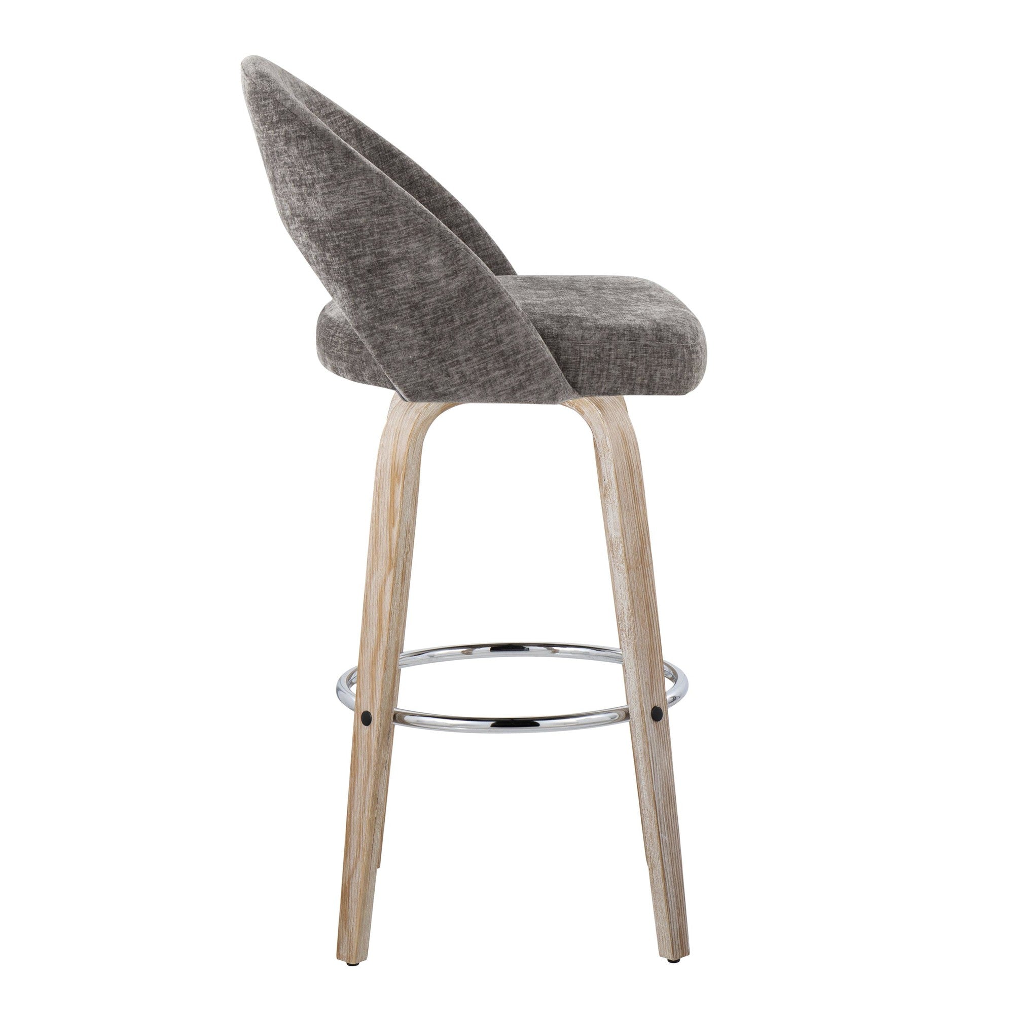 Renee Upholstered 30" Fixed-Height Barstool - Set of 2 - Whitewashed Wood, Dark Grey Fabric, Chrome Metal