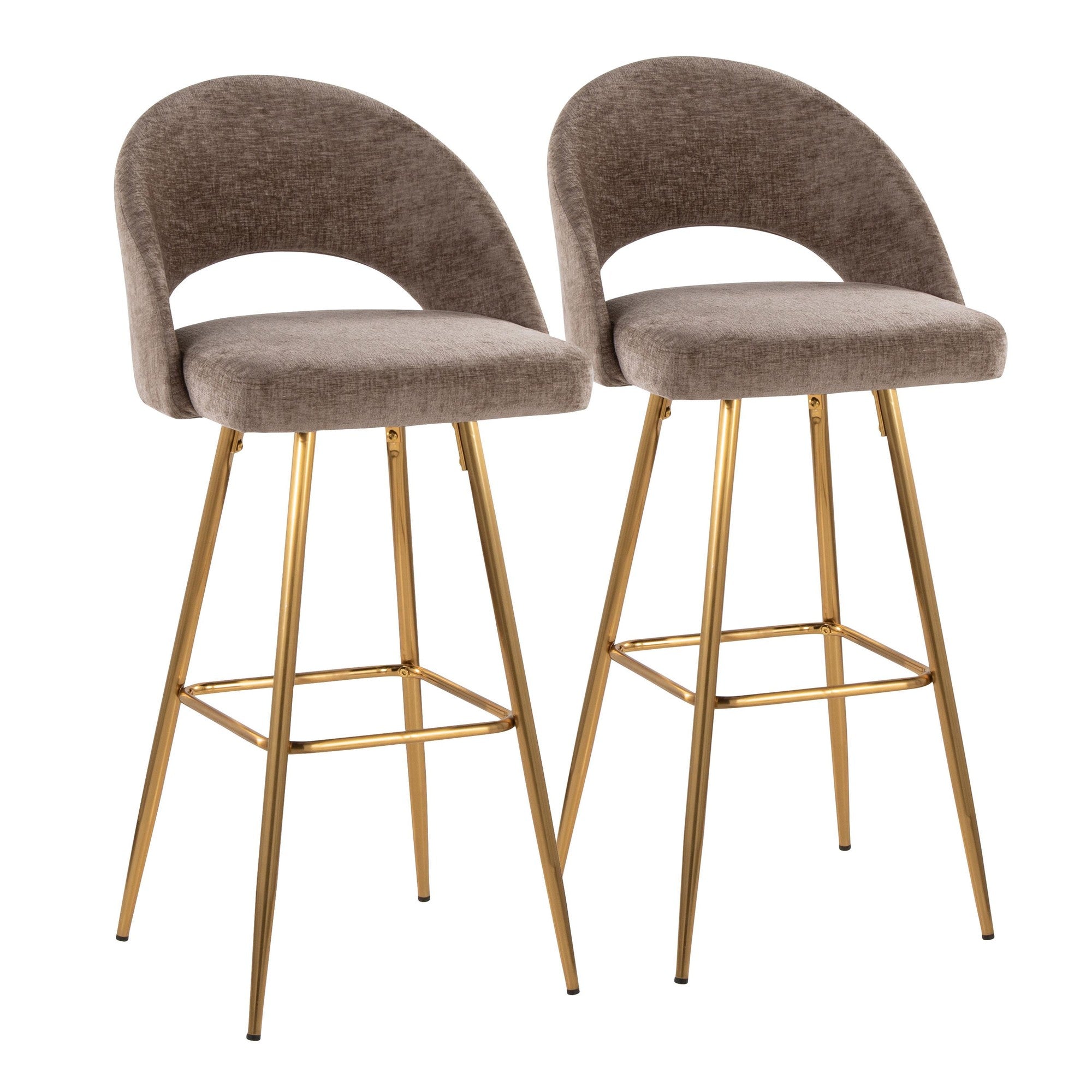 Renee Upholstered 30" Fixed-Height Barstool - Set of 2 - Gold Metal, Brown Fabric