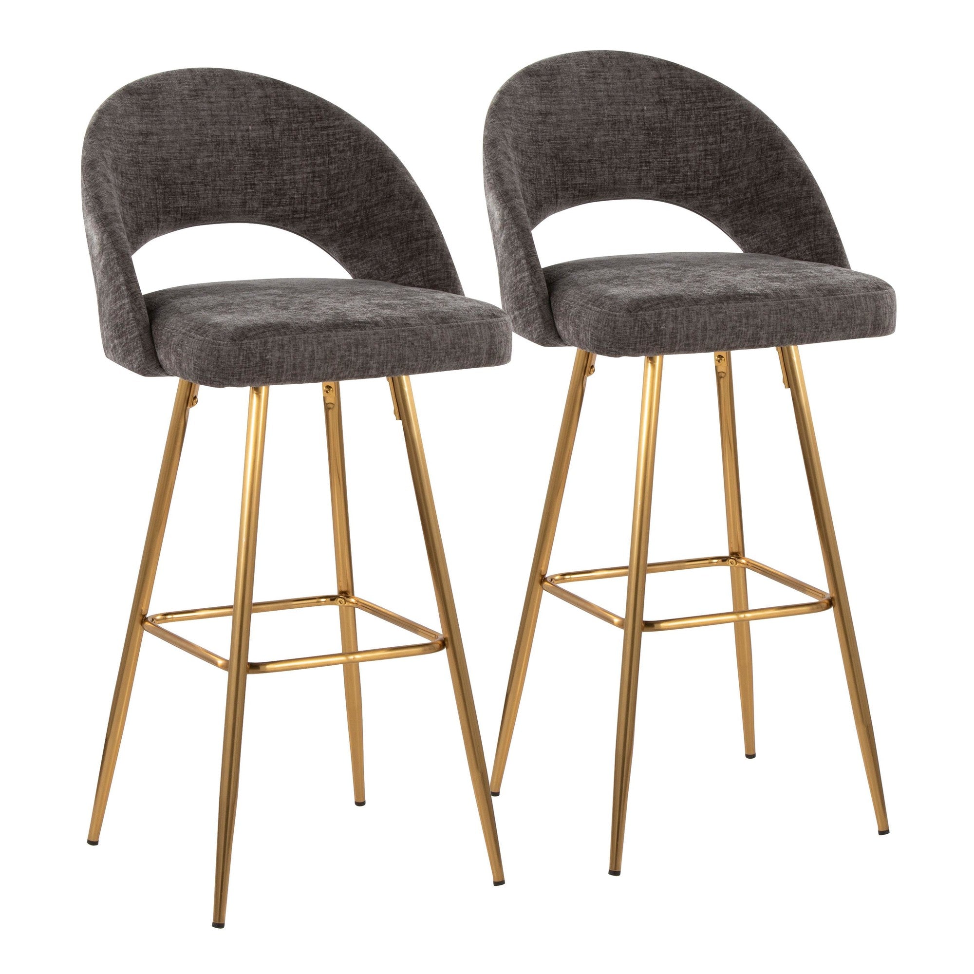 Renee Upholstered 30" Fixed-Height Barstool - Set of 2 - Gold Metal, Dark Grey Fabric