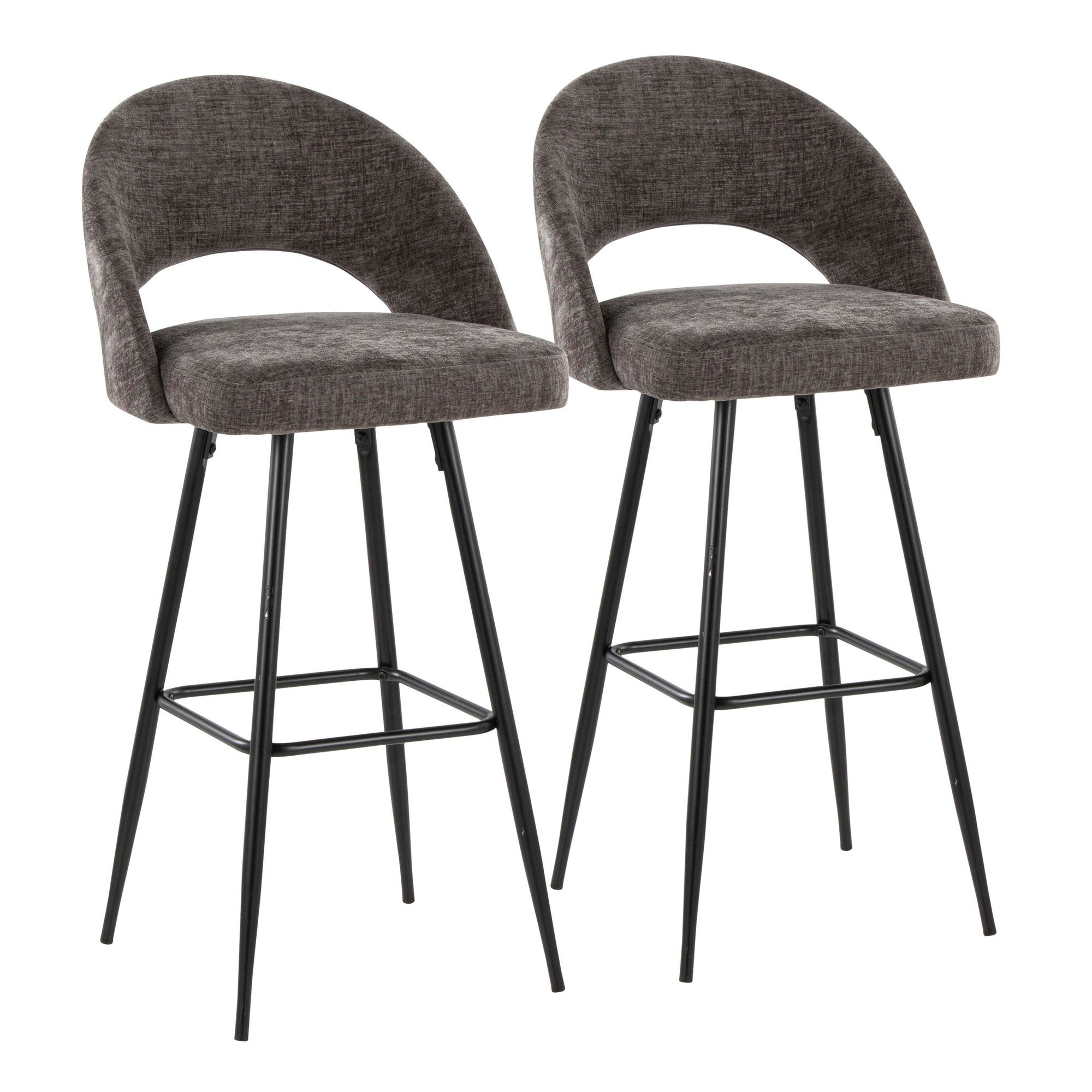 Renee Upholstered 30" Fixed-Height Barstool - Set of 2 - Black Metal, Dark Grey Fabric