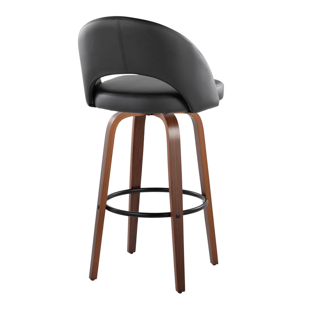 Renee Upholstered 30" Fixed-Height Barstool - Set of 2 - Walnut Wood, Black PU, Black Metal