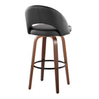 Renee Upholstered 30" Fixed-Height Barstool - Set of 2 - Walnut Wood, Black PU, Black Metal