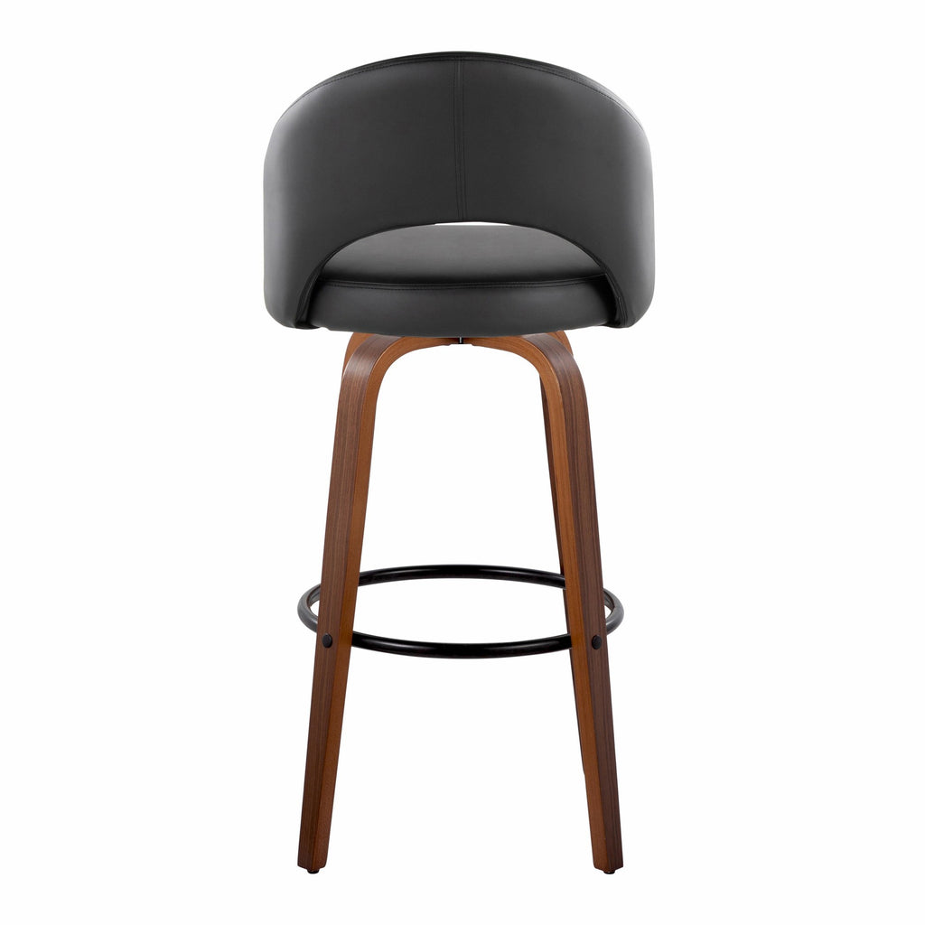 Renee Upholstered 30" Fixed-Height Barstool - Set of 2 - Walnut Wood, Black PU, Black Metal