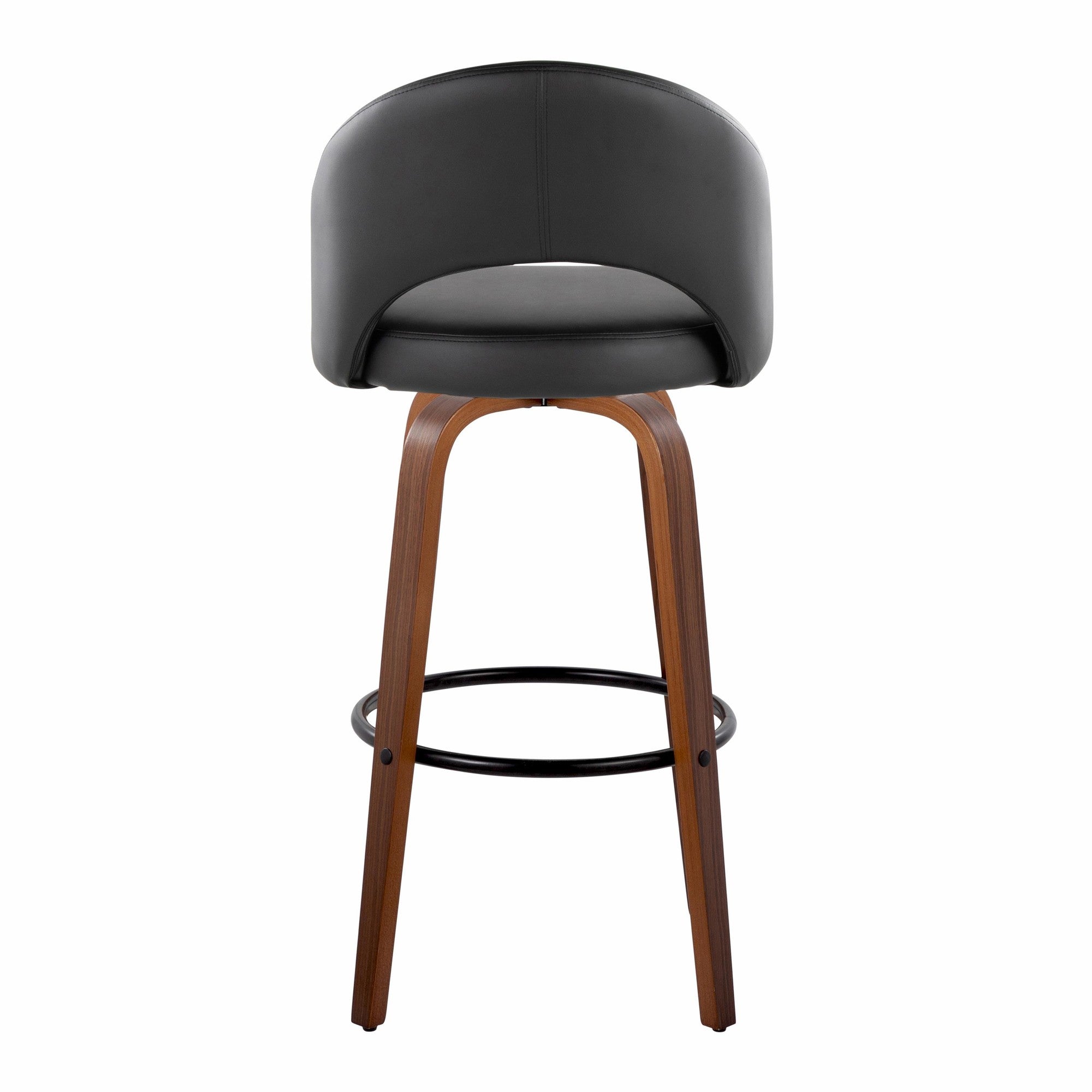 Renee Upholstered 30" Fixed-Height Barstool - Set of 2 - Walnut Wood, Black PU, Black Metal