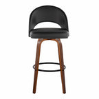 Renee Upholstered 30" Fixed-Height Barstool - Set of 2 - Walnut Wood, Black PU, Black Metal