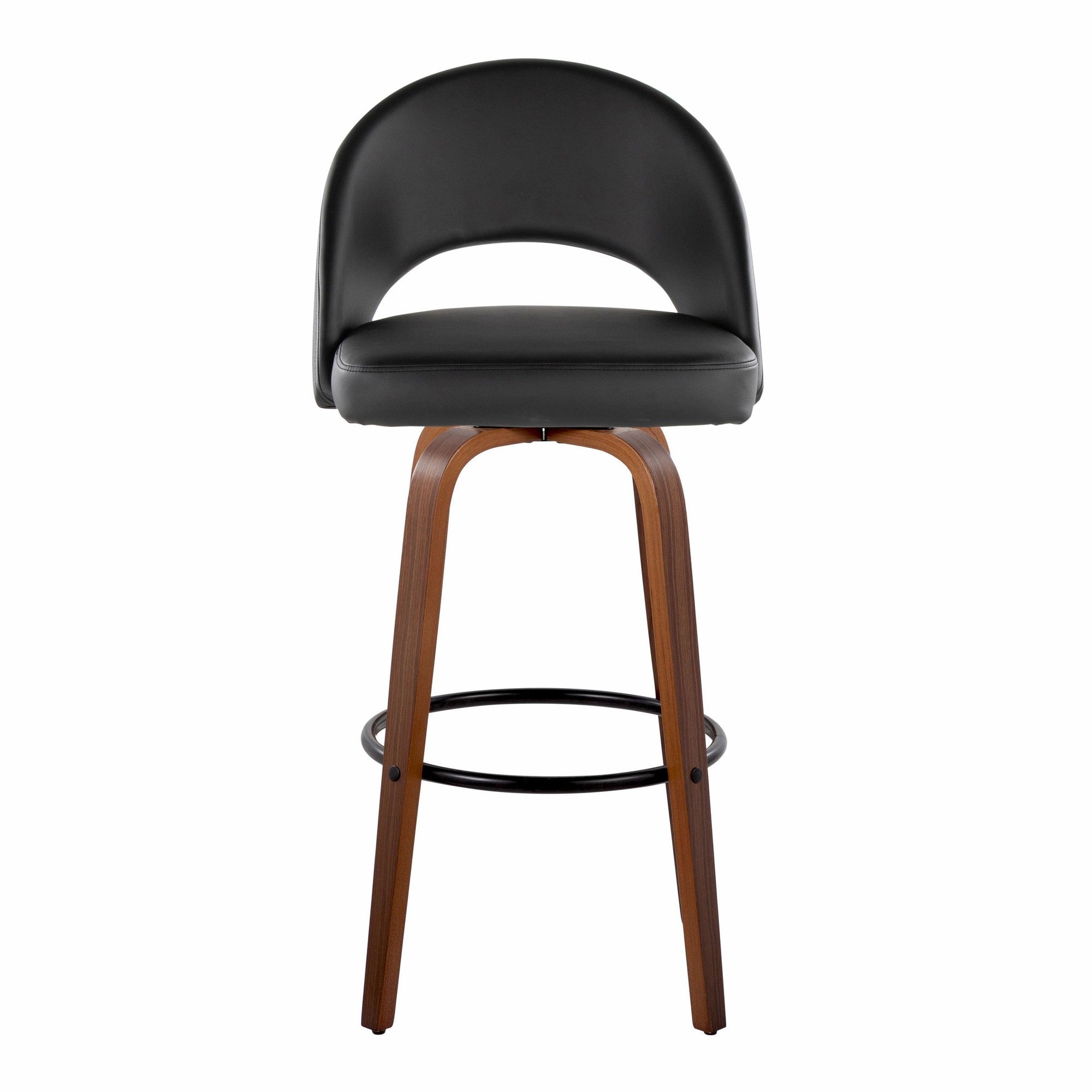 Renee Upholstered 30" Fixed-Height Barstool - Set of 2 - Walnut Wood, Black PU, Black Metal