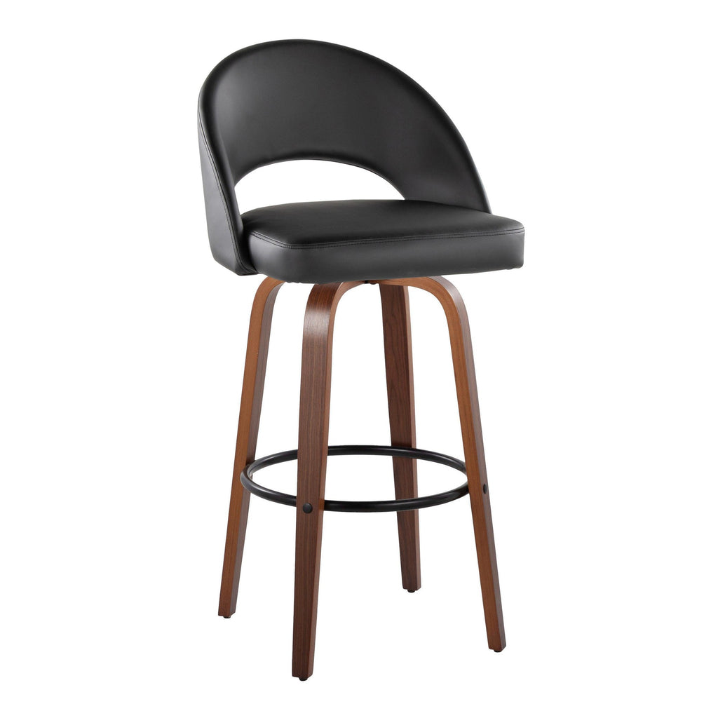 Renee Upholstered 30" Fixed-Height Barstool - Set of 2 - Walnut Wood, Black PU, Black Metal