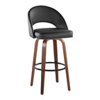 Renee Upholstered 30" Fixed-Height Barstool - Set of 2 - Walnut Wood, Black PU, Black Metal