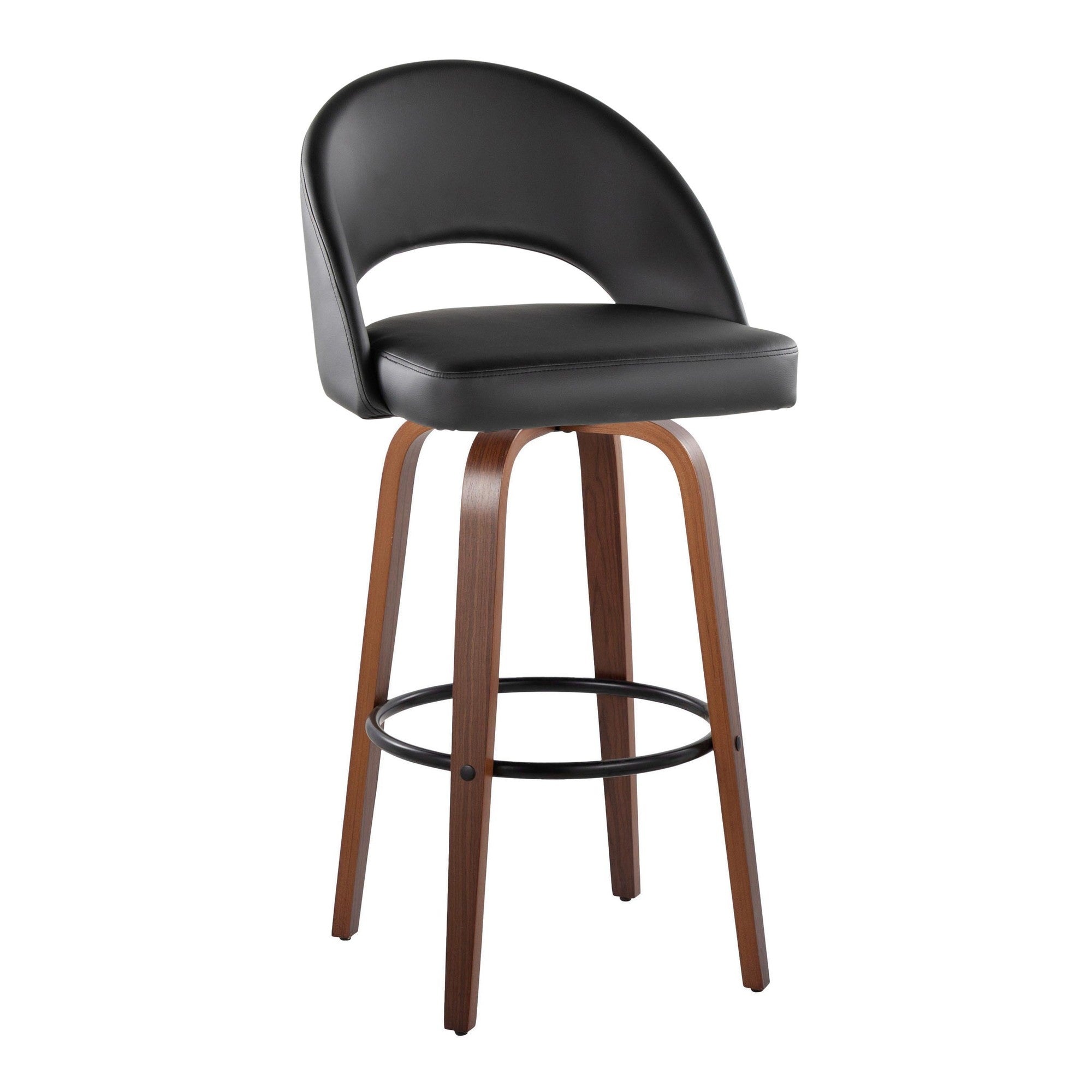 Renee Upholstered 30" Fixed-Height Barstool - Set of 2 - Walnut Wood, Black PU, Black Metal