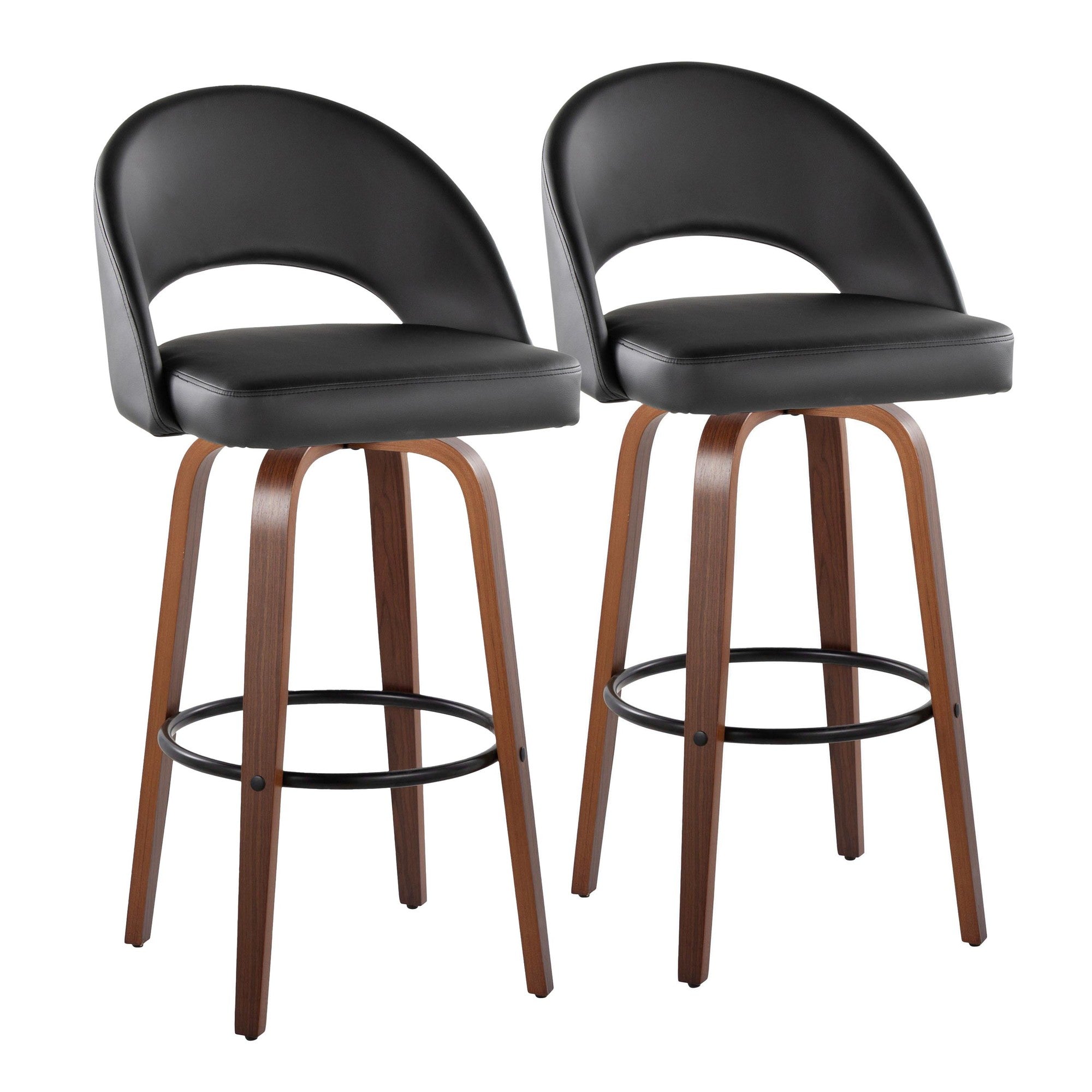 Renee Upholstered 30" Fixed-Height Barstool - Set of 2 - Walnut Wood, Black PU, Black Metal