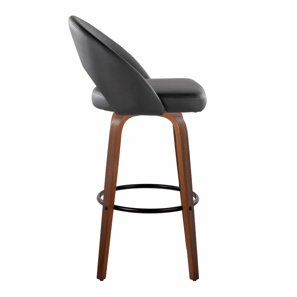 Renee Upholstered 30" Fixed-Height Barstool - Set of 2 - Walnut Wood, Black PU, Black Metal