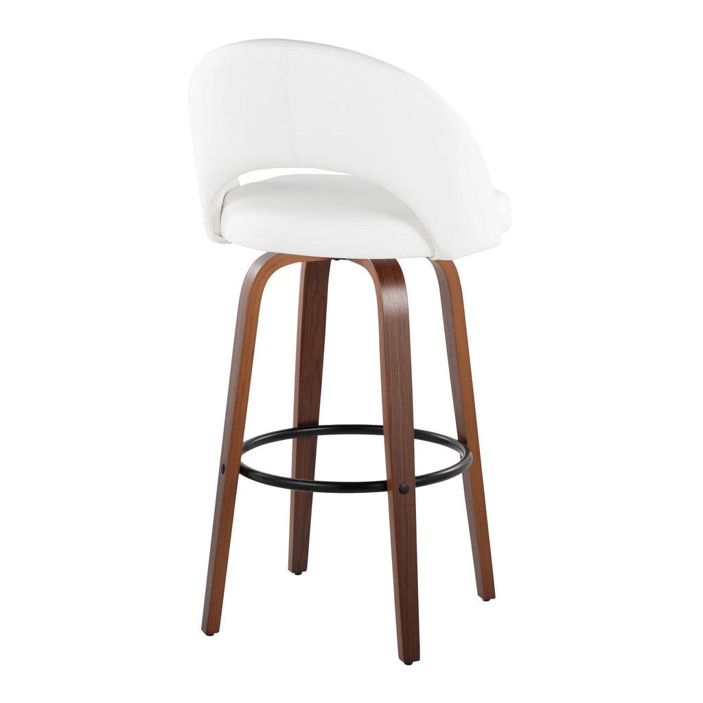 Renee Upholstered 30" Fixed-Height Barstool - Set of 2 - Walnut Wood, White PU, Black Metal