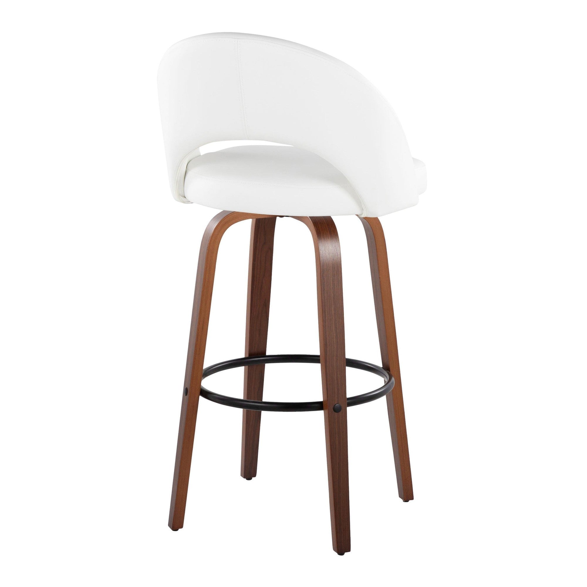 Renee Upholstered 30" Fixed-Height Barstool - Set of 2 - Walnut Wood, White PU, Black Metal
