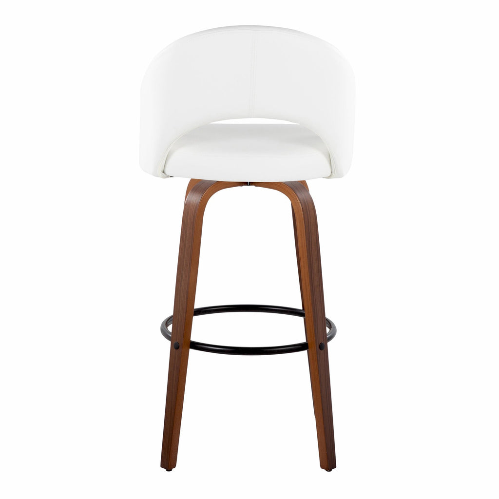 Renee Upholstered 30" Fixed-Height Barstool - Set of 2 - Walnut Wood, White PU, Black Metal