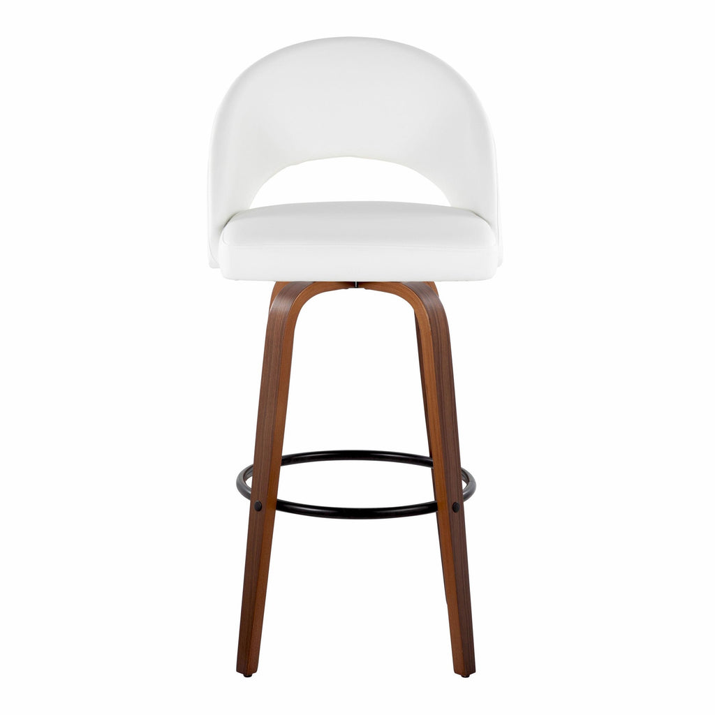 Renee Upholstered 30" Fixed-Height Barstool - Set of 2 - Walnut Wood, White PU, Black Metal