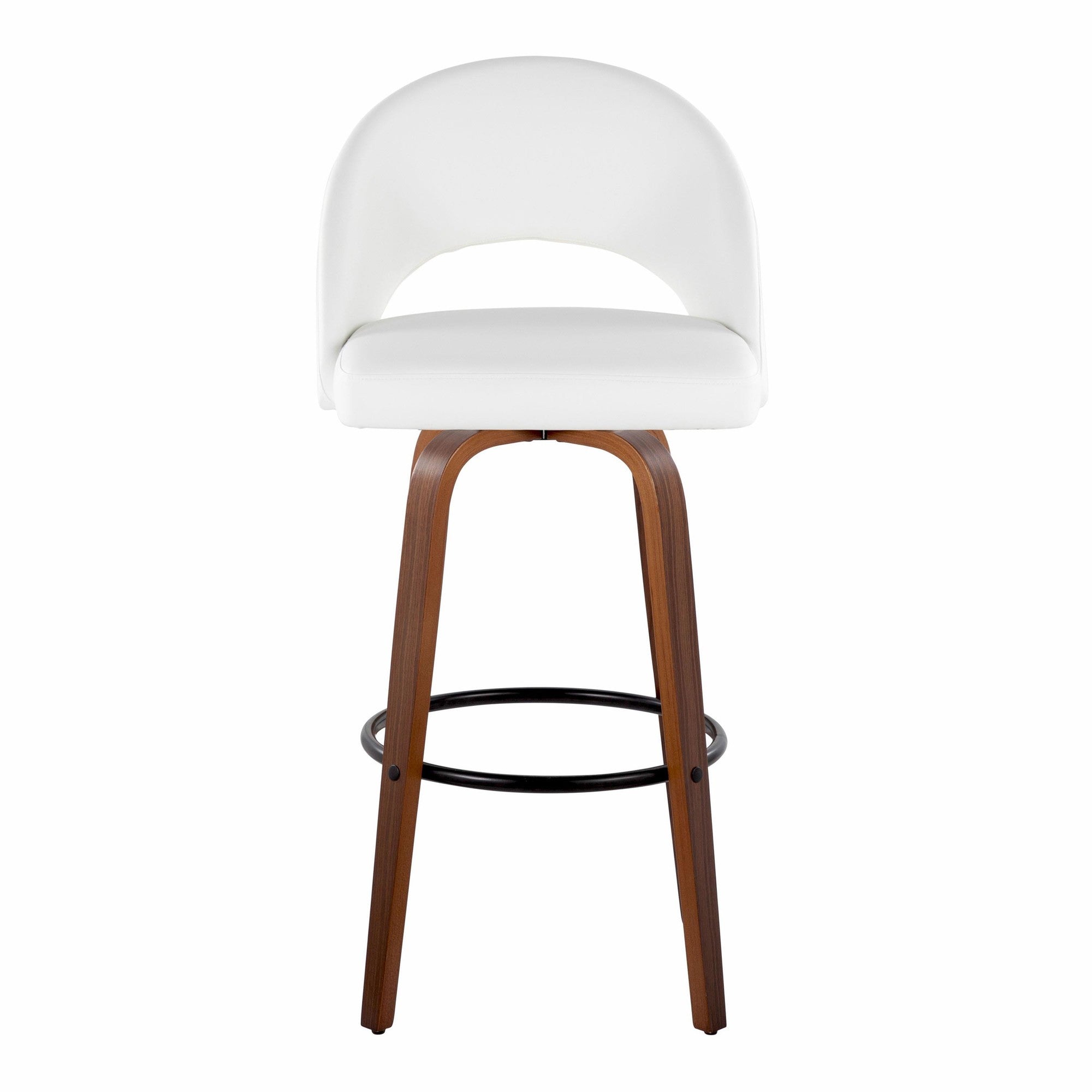 Renee Upholstered 30" Fixed-Height Barstool - Set of 2 - Walnut Wood, White PU, Black Metal