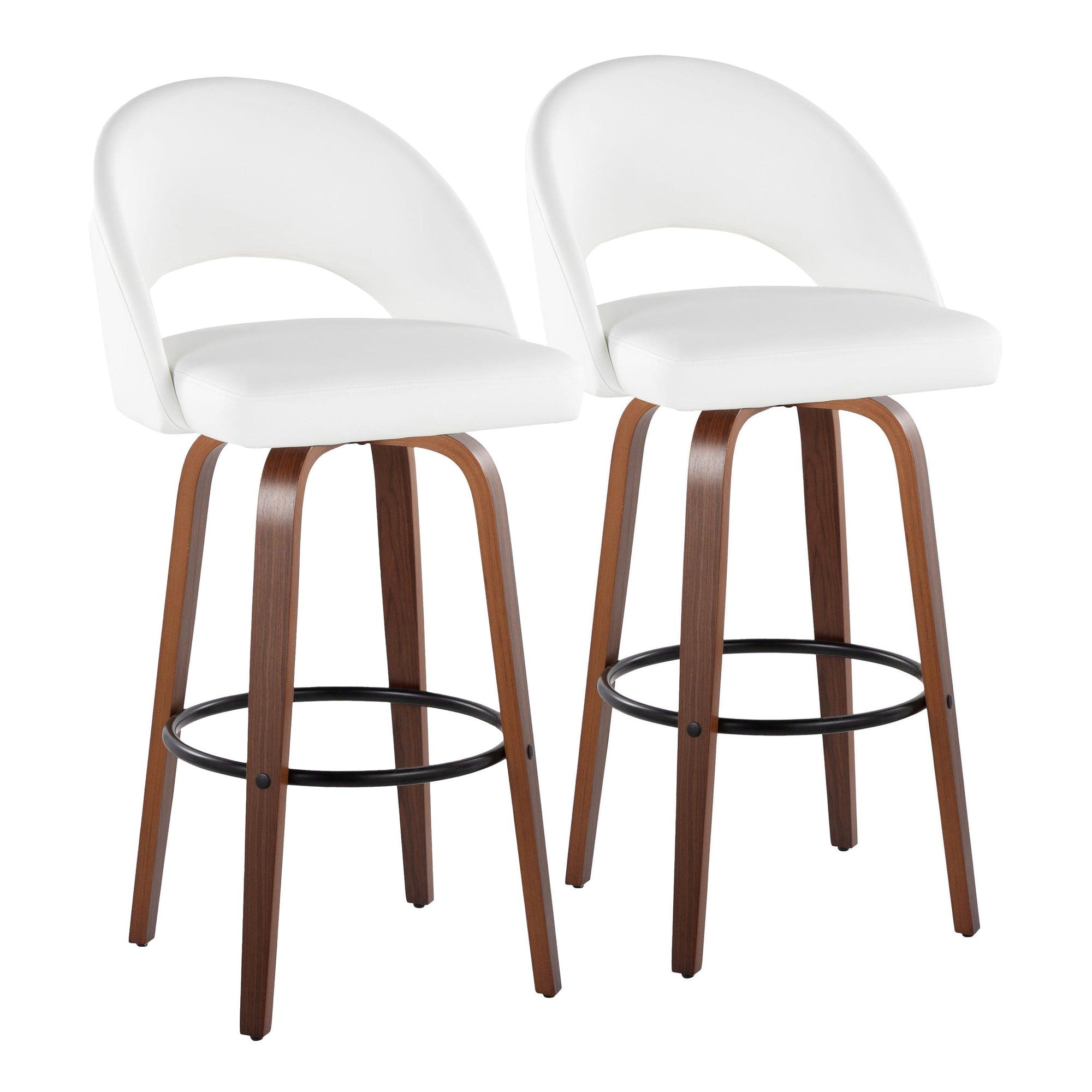 Renee Upholstered 30" Fixed-Height Barstool - Set of 2 - Walnut Wood, White PU, Black Metal