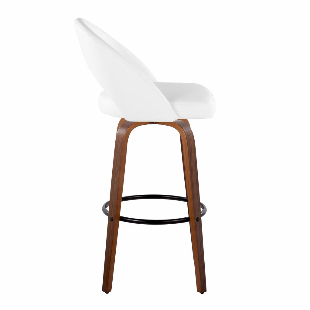 Renee Upholstered 30" Fixed-Height Barstool - Set of 2 - Walnut Wood, White PU, Black Metal
