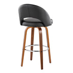Renee Upholstered 30" Fixed-Height Barstool - Set of 2 - Walnut Wood, Black PU, Chrome Metal