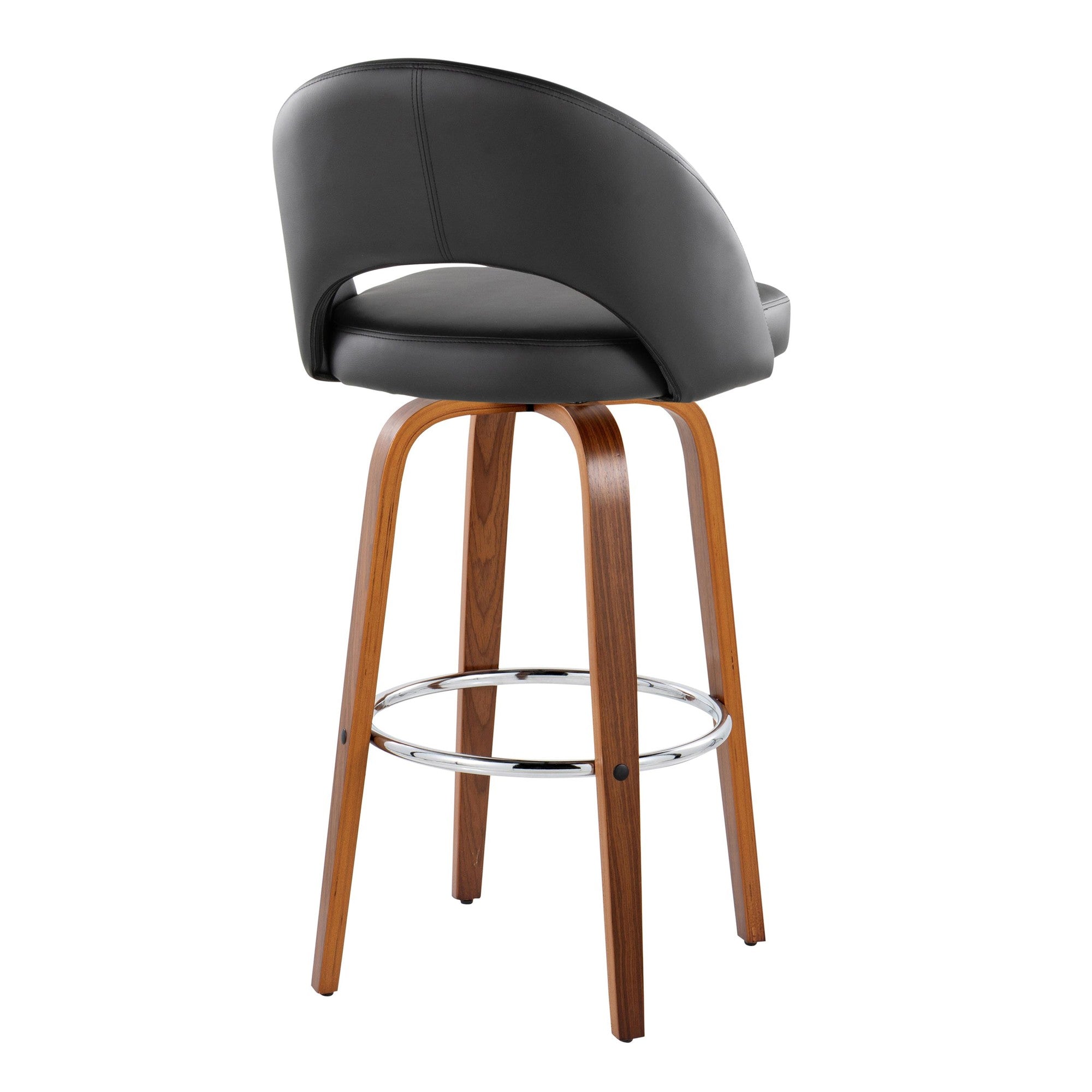Renee Upholstered 30" Fixed-Height Barstool - Set of 2 - Walnut Wood, Black PU, Chrome Metal