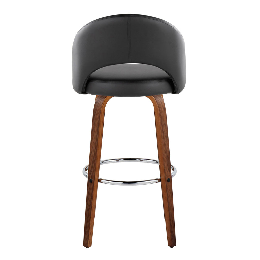 Renee Upholstered 30" Fixed-Height Barstool - Set of 2 - Walnut Wood, Black PU, Chrome Metal