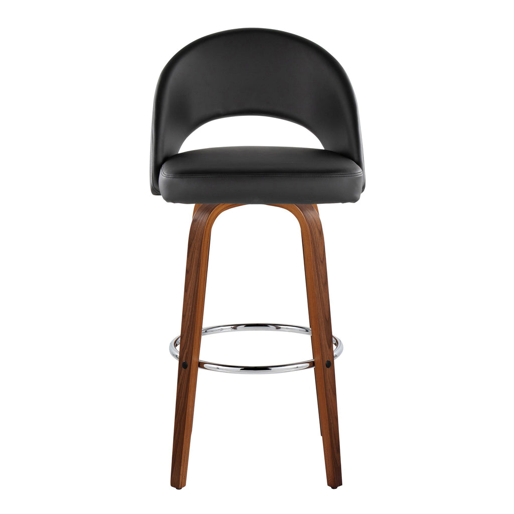Renee Upholstered 30" Fixed-Height Barstool - Set of 2 - Walnut Wood, Black PU, Chrome Metal