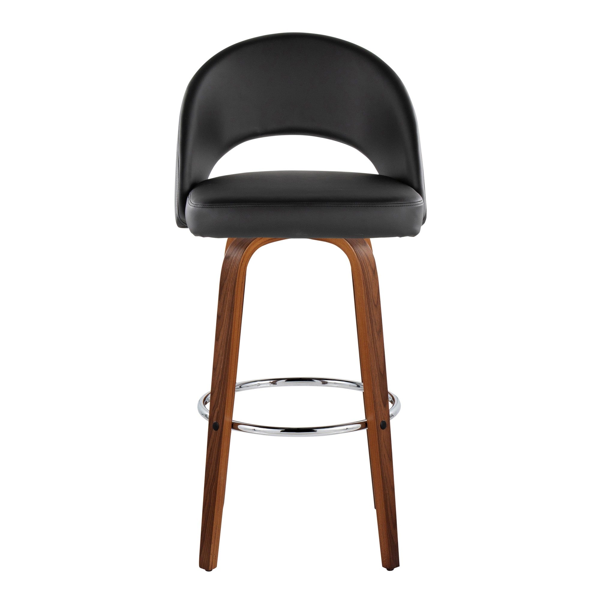 Renee Upholstered 30" Fixed-Height Barstool - Set of 2 - Walnut Wood, Black PU, Chrome Metal