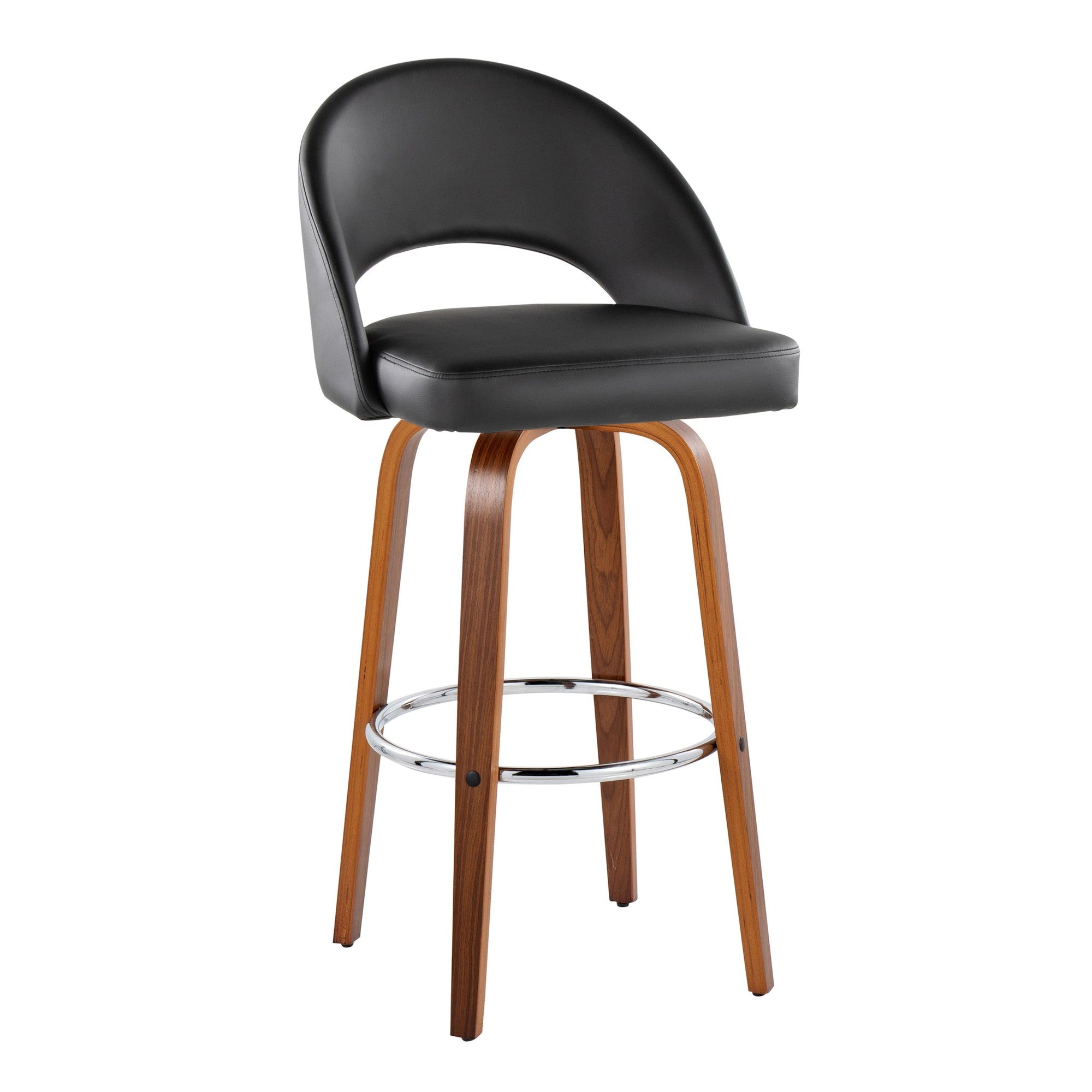 Renee Upholstered 30" Fixed-Height Barstool - Set of 2 - Walnut Wood, Black PU, Chrome Metal