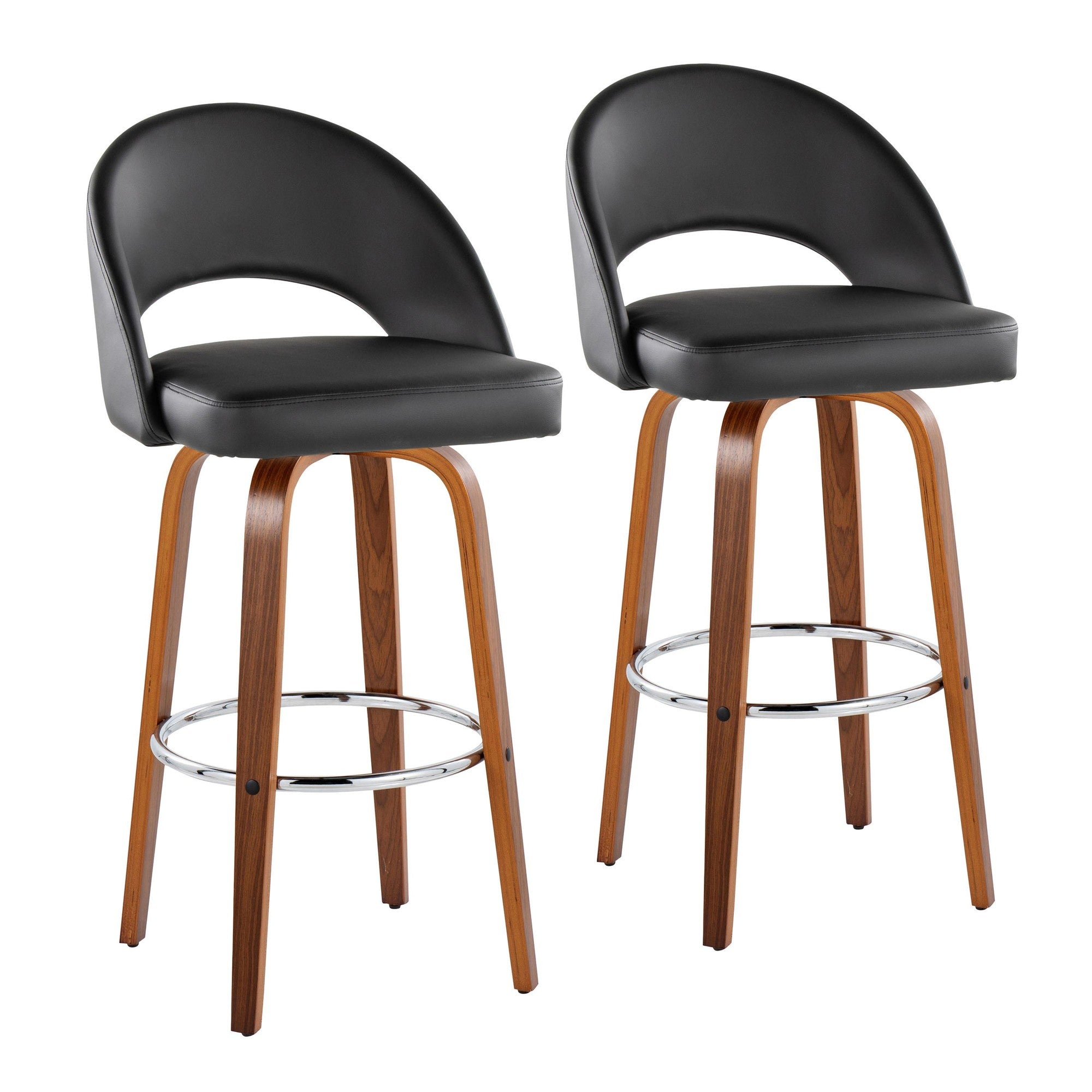 Renee Upholstered 30" Fixed-Height Barstool - Set of 2 - Walnut Wood, Black PU, Chrome Metal